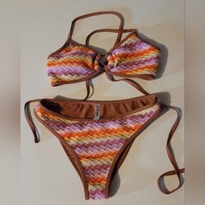 Zaful, Woven Chevron Multicolor Bikini Set with Brown Trim, Small
